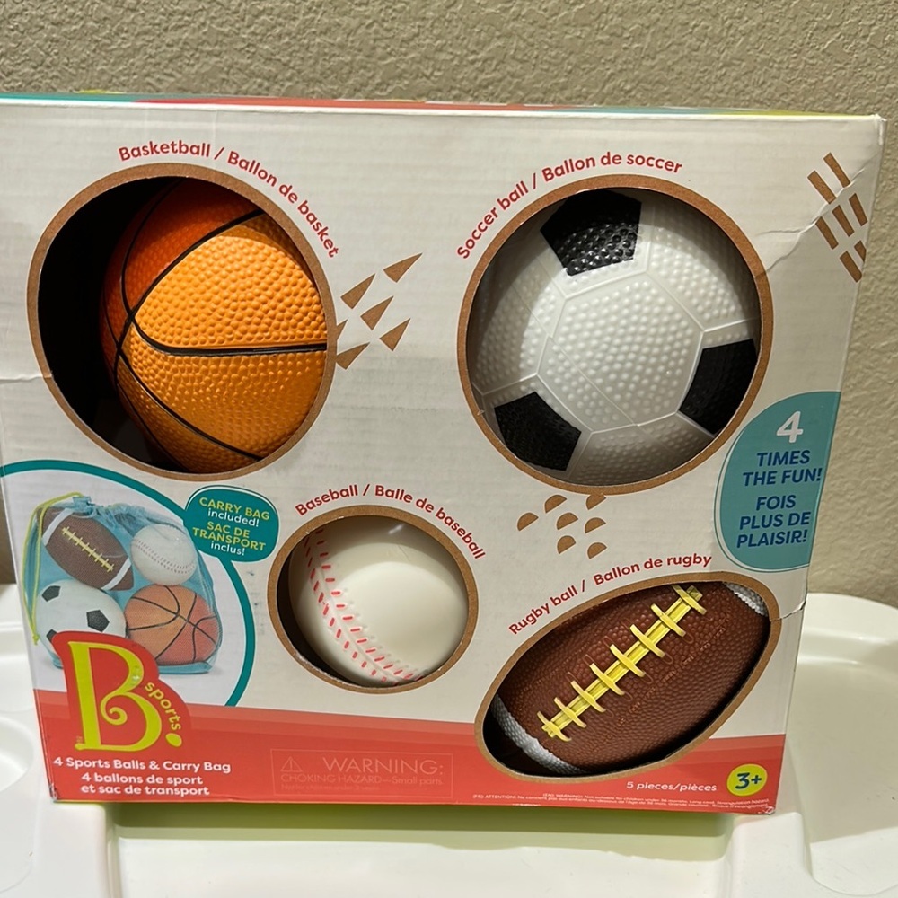 4 Sports Balls & Carry Bag Set - Orange, White, Black